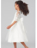 Elbow Sleeves Ivory Lace Tulle Tea Length Flower Girl Dress